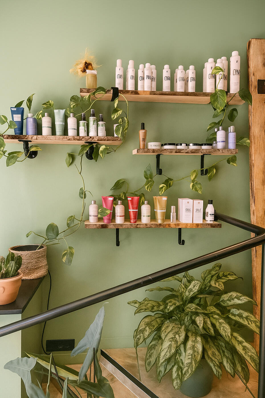 Produits capillaires professionnels utilisés chez La P’tite Brune à Saumur Étagères du salon La P’tite Brune à Saumur avec des produits capillaires professionnels 100% français Fauvert