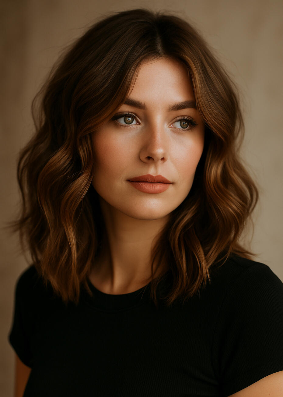 Coupe femme – La P’tite Brune, salon de coiffure à Saumur Jeune femme aux cheveux mi-longs ondulés, coiffée dans un style naturel et élégant – coupe réalisée au salon La P’tite Brune à Saumur.