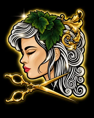 Logo de La P’tite Brune : profil de femme aux cheveux argentés, ornement et ciseaux dorés
